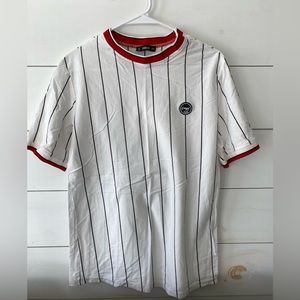 SHEIN vertical striped white t-shirt with red collar and sleeves
